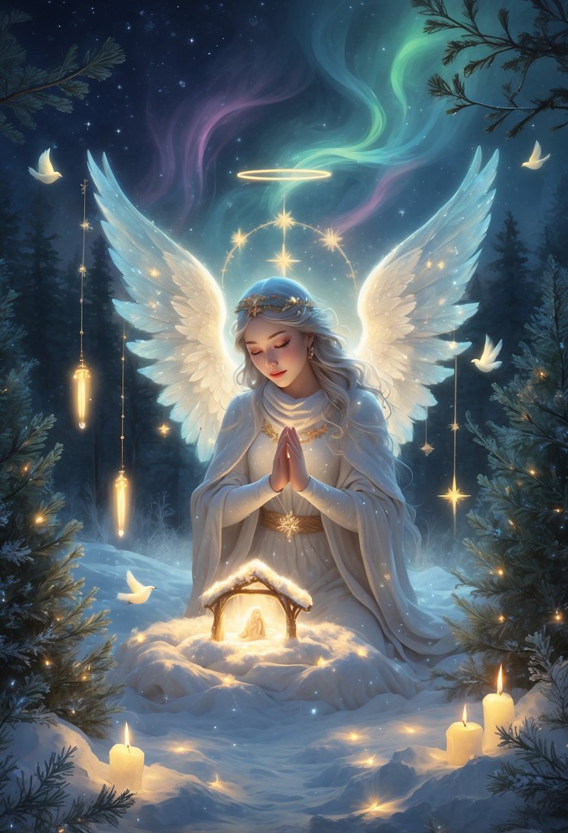 A glowing angelic figure holds a radiant nativity scene in a snowy forest surrounded by floating candles, doves, and evergreen branches under a starry sky.