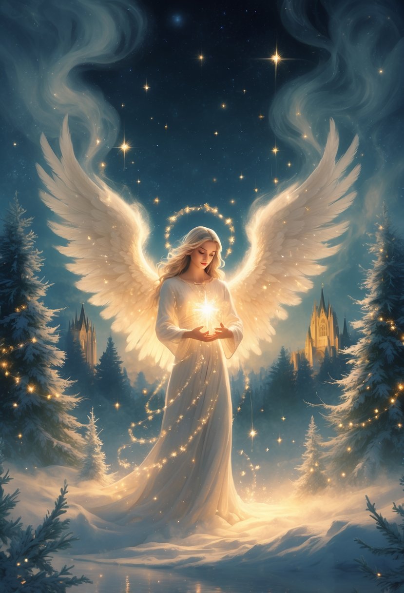 A glowing angelic figure offers a shining gift in a snowy forest with softly falling snowflakes and a distant illuminated cathedral.