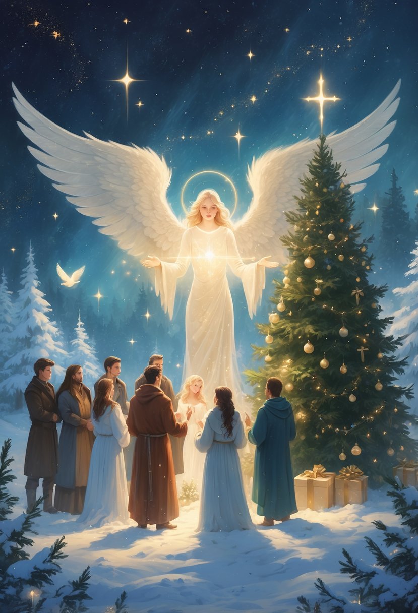 A glowing angelic figure sharing light with a diverse group of people around a decorated tree in a snowy forest under a starry sky.