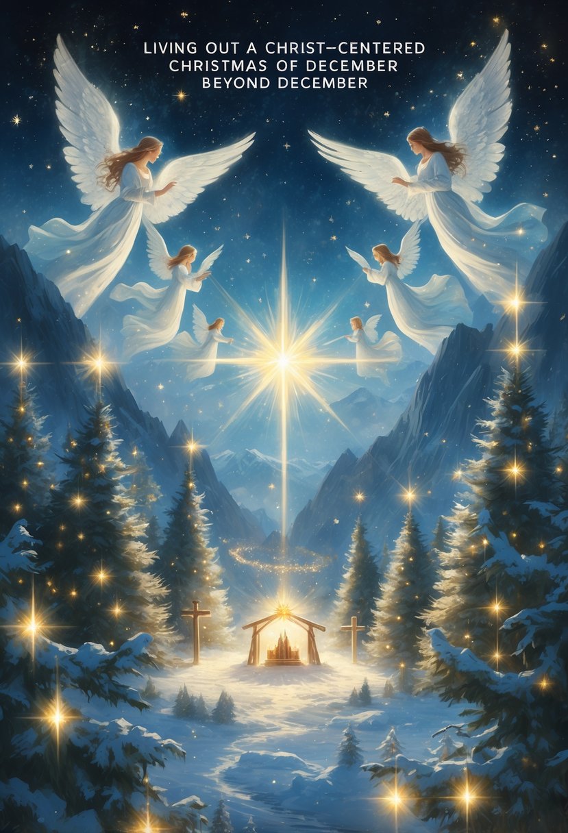 A glowing nativity scene in a snowy village at night with angelic figures above and a star-filled sky over mountains.