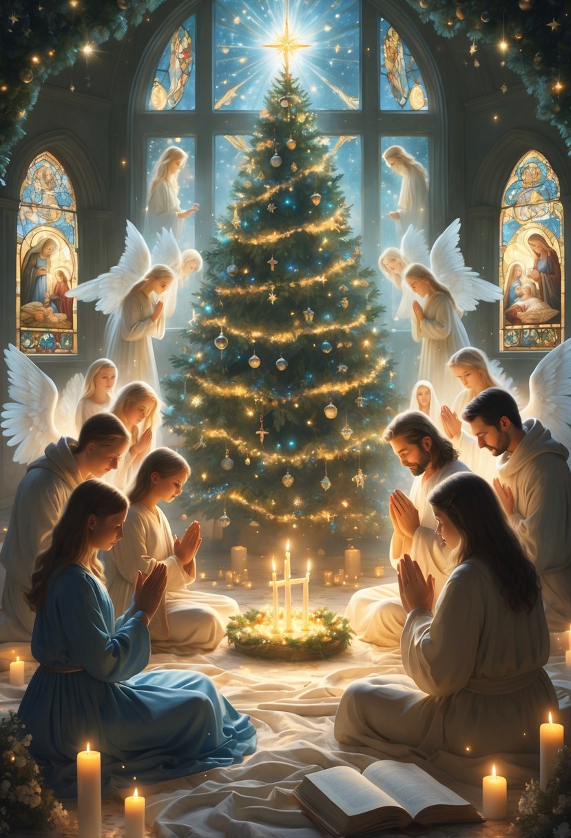 A family gathered in a glowing room on Christmas Eve, praying together around a decorated Christmas tree with angels and soft light surrounding them.