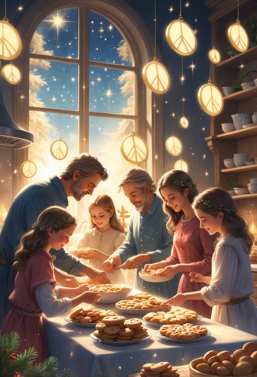 A family baking and sharing treats together in a warm kitchen on Christmas Eve, surrounded by glowing light and stars visible through a window.