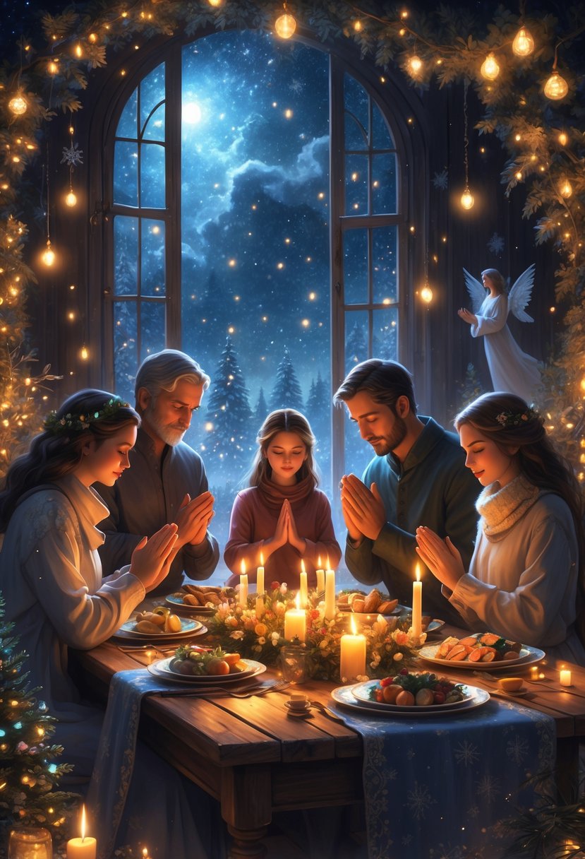 A family holding hands in prayer around a festive Christmas Eve dinner table with candles and decorations, under a starry night sky visible through a window.