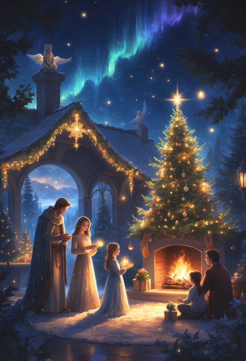 A family gathered around a fireplace on Christmas Eve, exchanging gifts and praying, with a decorated Christmas tree and snow falling outside under a starry night sky.