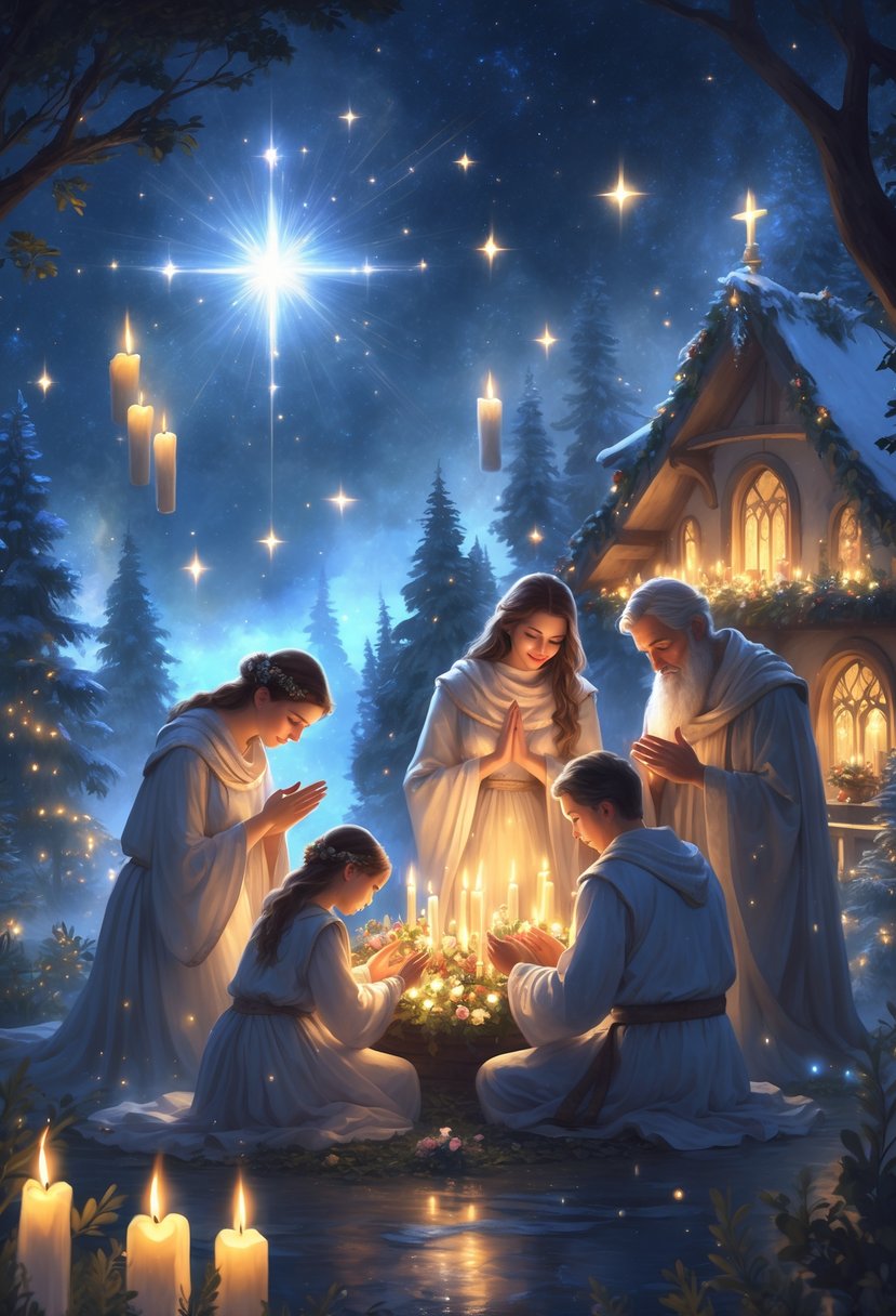 A family gathered in prayer on Christmas Eve inside a cozy home surrounded by a snowy forest, with glowing candles and soft lights creating a warm and peaceful atmosphere.