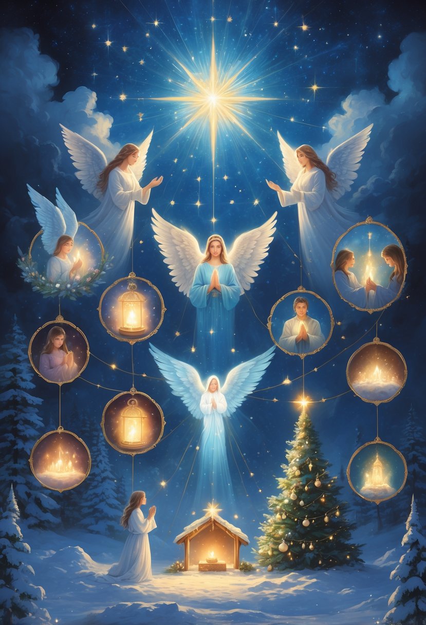 A glowing nativity scene in a snowy landscape under a starry night sky, surrounded by nine small magical scenes symbolizing different spiritual experiences during Christmas.