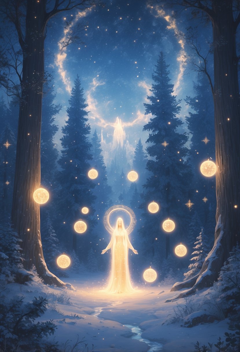 A glowing figure stands in a snowy forest surrounded by nine floating lights, with stars and angelic shapes in the sky above.
