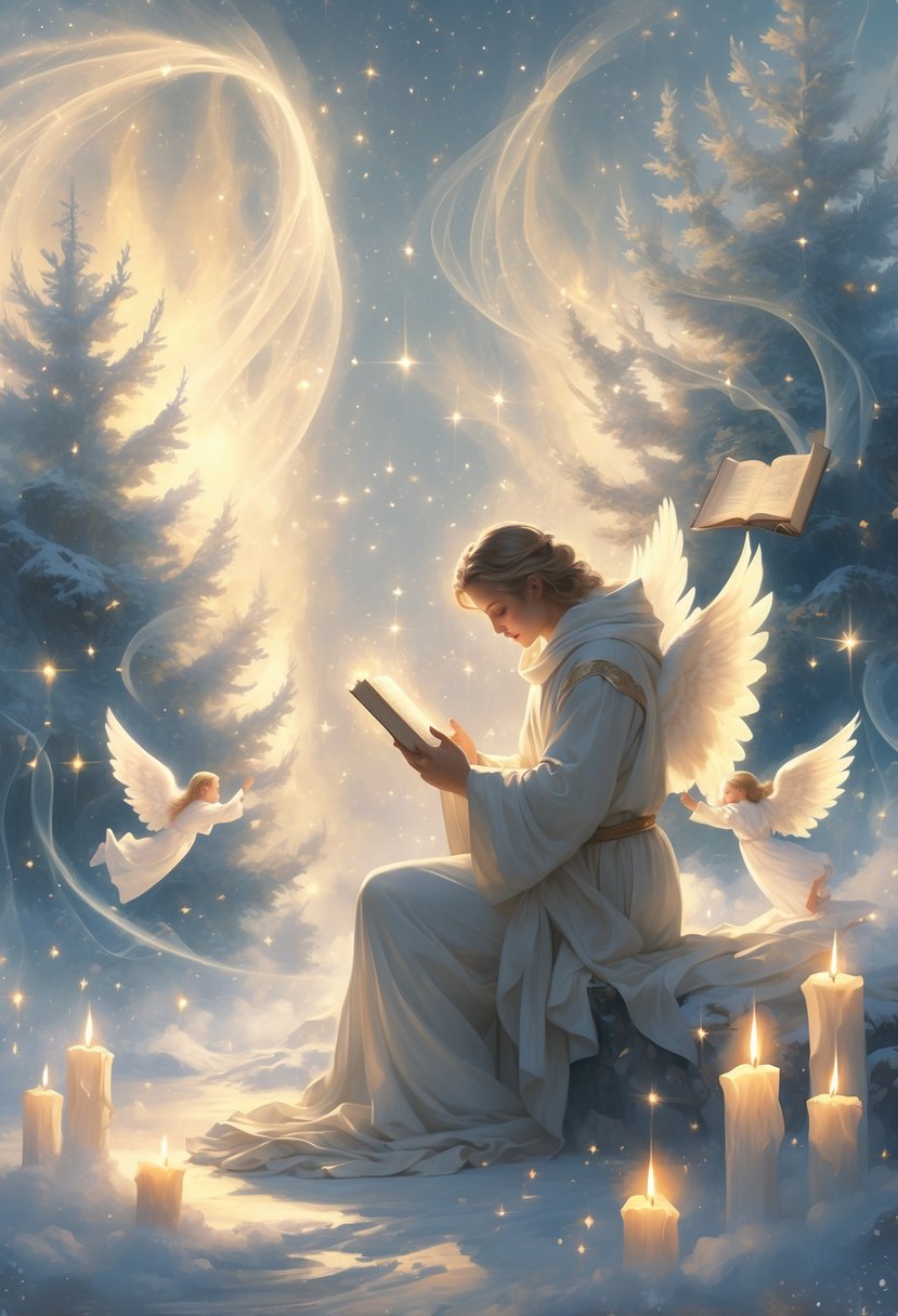 A person praying and reading scripture surrounded by glowing angels and floating scrolls in a snowy, candlelit forest.