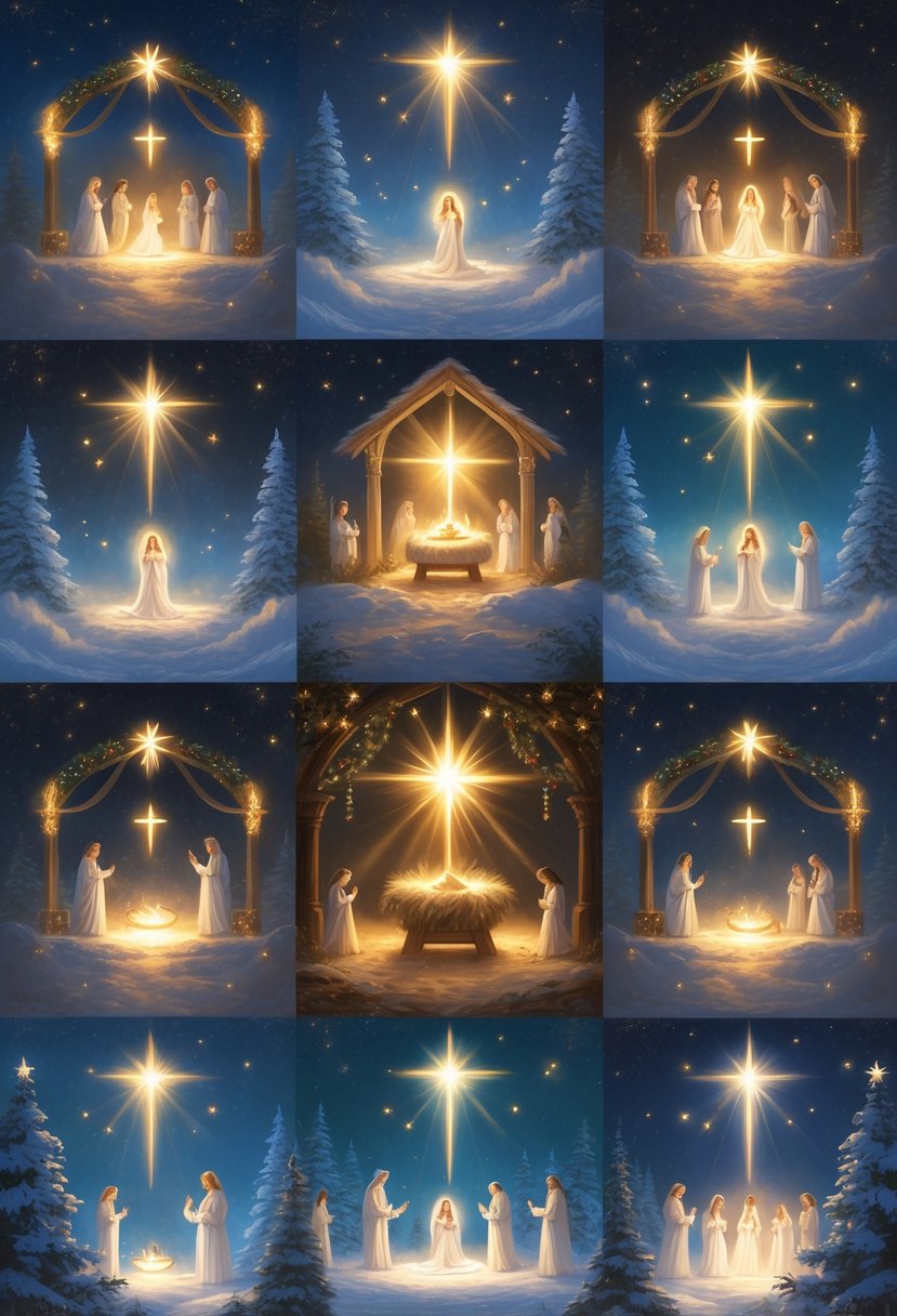 A glowing winter scene showing nine connected moments of Christmas traditions centered around the nativity, with angelic figures, worshippers, candles, and a peaceful snowy landscape.