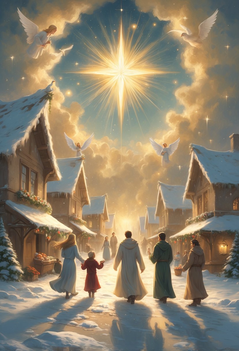 A glowing star shines over a snowy village where angelic figures help people share gifts and kindness, surrounded by gentle light and falling snow.