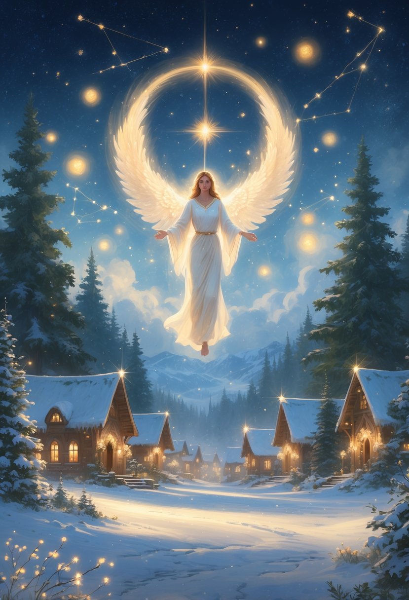 A glowing celestial figure floats above a snowy village at night, surrounded by glowing lights and snowflakes, with tall evergreen trees and a starry sky in the background.