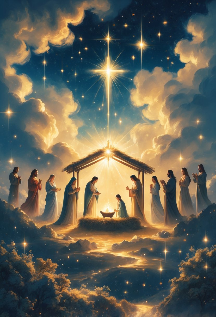 A radiant nativity scene surrounded by people performing acts of kindness such as helping the poor, sharing food, and comforting others under a starry night sky with angels watching over them.