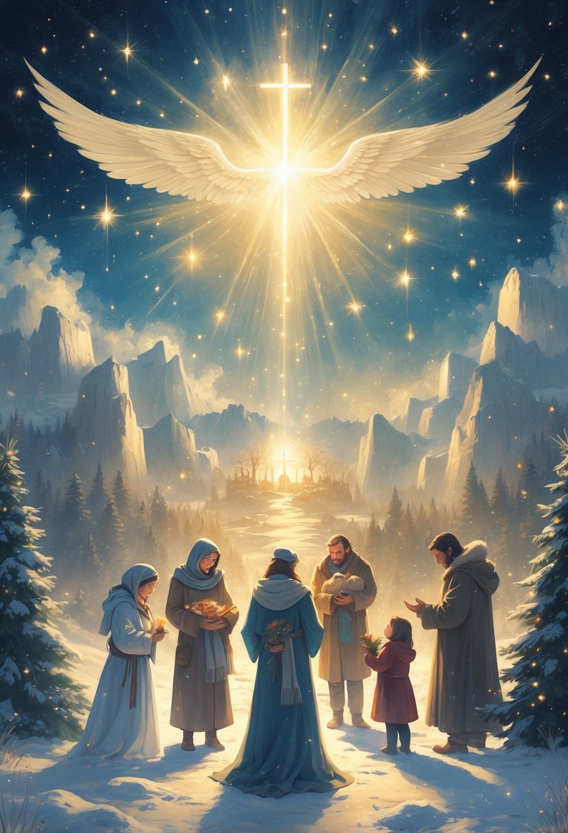 A glowing nativity scene surrounded by eight scenes of people performing acts of kindness during Christmas, such as giving food, comforting others, sharing blankets, helping strangers, praying, welcoming travelers, planting trees, and sharing toys, all set in a snowy landscape under a bright starry sky.