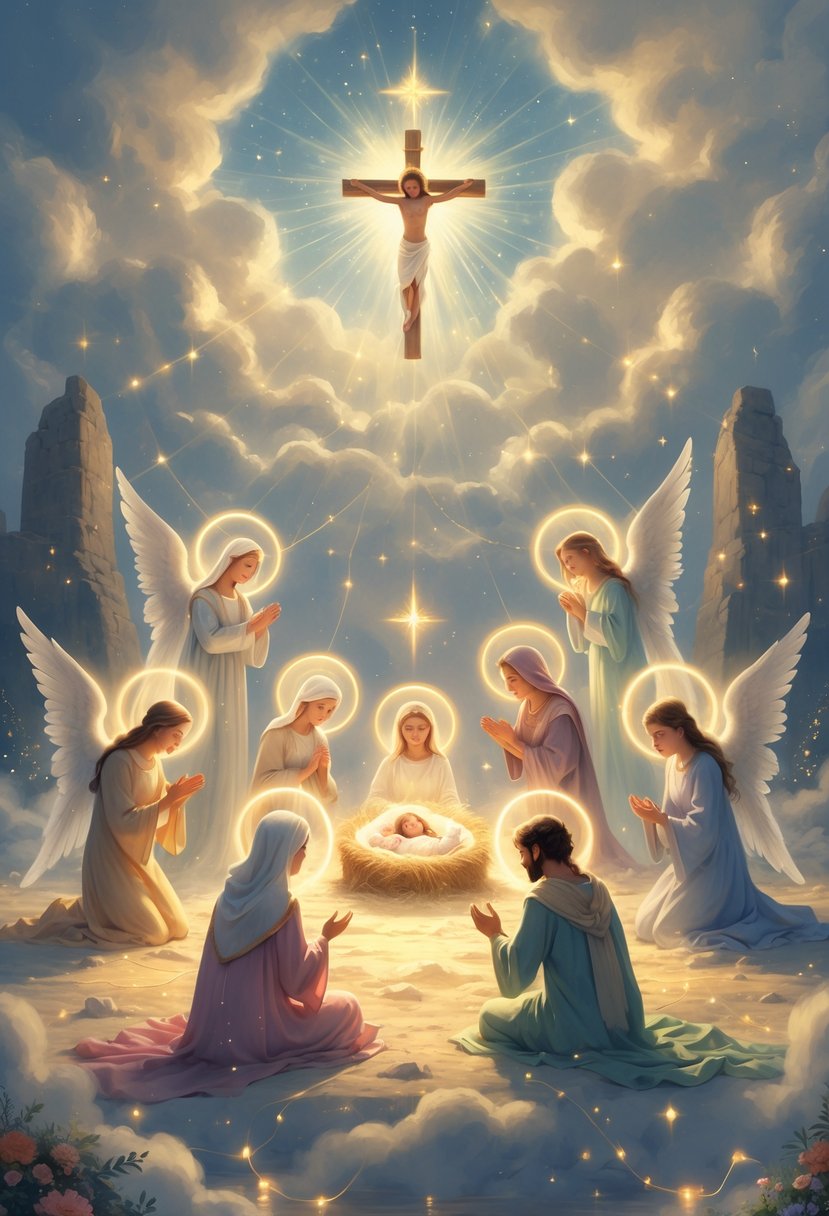 A glowing nativity scene surrounded by eight figures performing acts of kindness such as feeding the hungry, comforting the lonely, helping the poor, visiting the sick, sharing gifts, welcoming strangers, forgiving, and praying, all set in a peaceful, radiant celestial landscape.