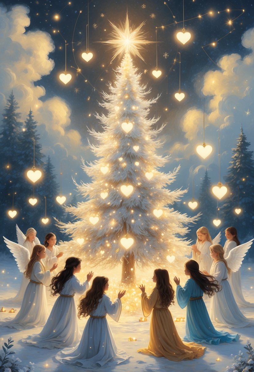 A glowing Christmas tree surrounded by angelic children sharing gifts and stories under a starry sky, symbolizing love, kindness, and the true spirit of Christmas.