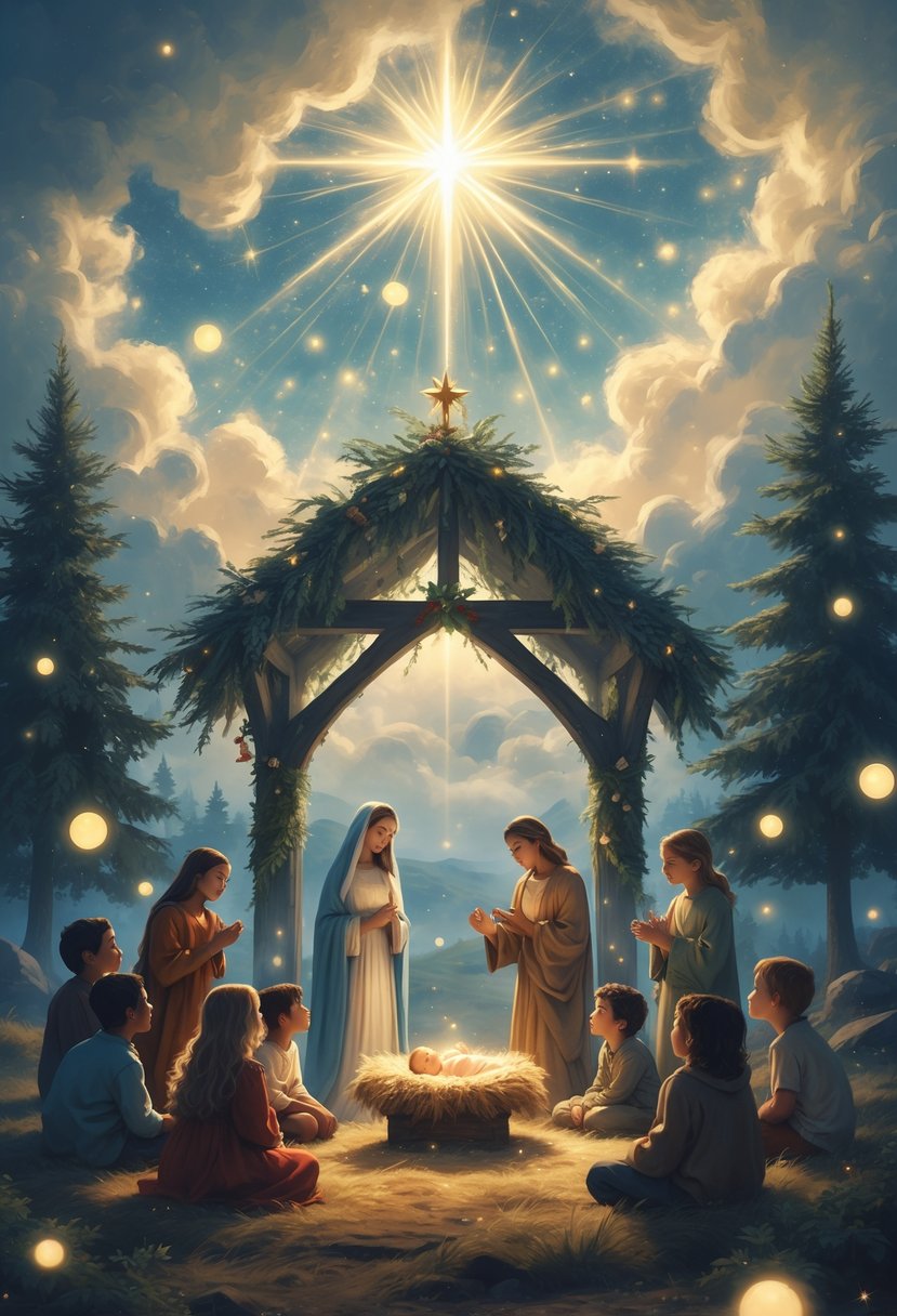 A glowing nativity scene with baby Jesus, Mary, and Joseph surrounded by joyful children listening to an angel in a magical nighttime landscape with stars and evergreen trees.