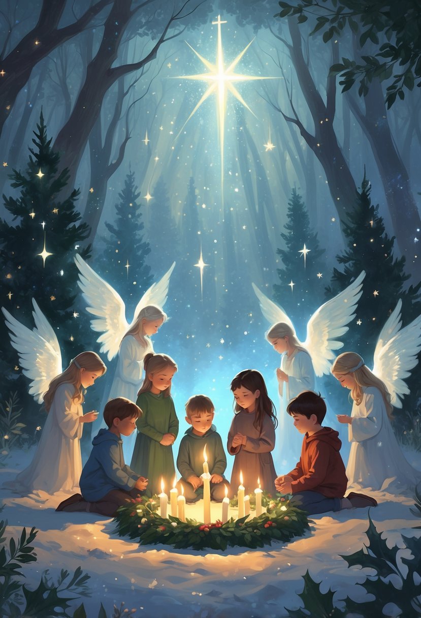 Children gathered around a glowing Advent wreath in a snowy forest, surrounded by angels and gentle light.