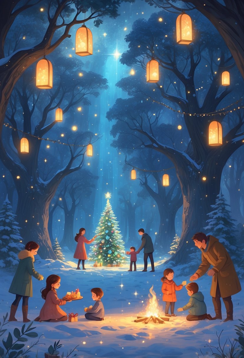 Children and parents joyfully engaging in Christmas activities like gift-giving, decorating a glowing tree, baking cookies, and storytelling in a snowy forest clearing lit by soft starlight and lanterns.