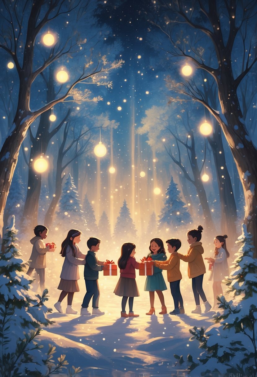 Children exchanging gifts and sharing kindness in a glowing winter forest under a starry sky, surrounded by soft lights and snow.