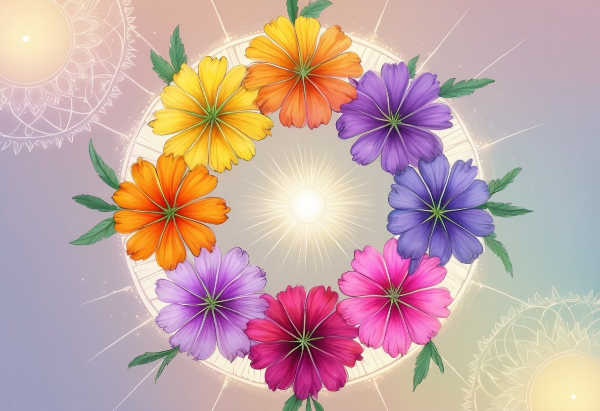 Nine colorful lantana flower clusters arranged in a circle with soft glowing light and subtle mandala patterns in the background.