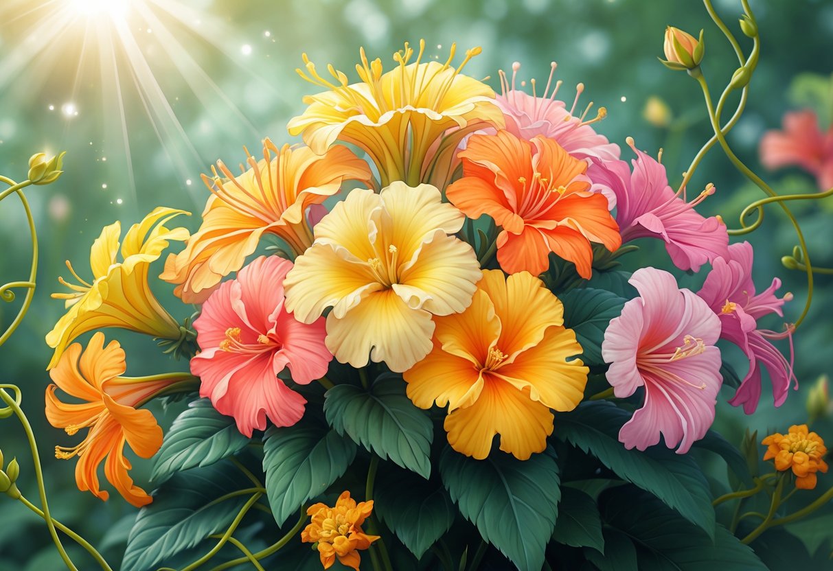 A detailed illustration of colorful lantana flowers with glowing orbs and vines symbolizing spiritual meanings against a soft green background.