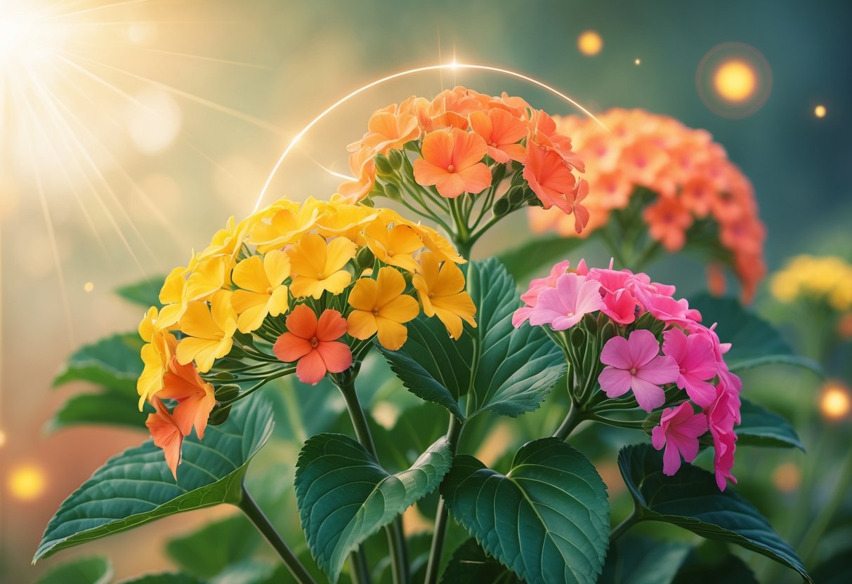 A cluster of colorful lantana flowers with green leaves surrounded by soft glowing light and ethereal orbs.