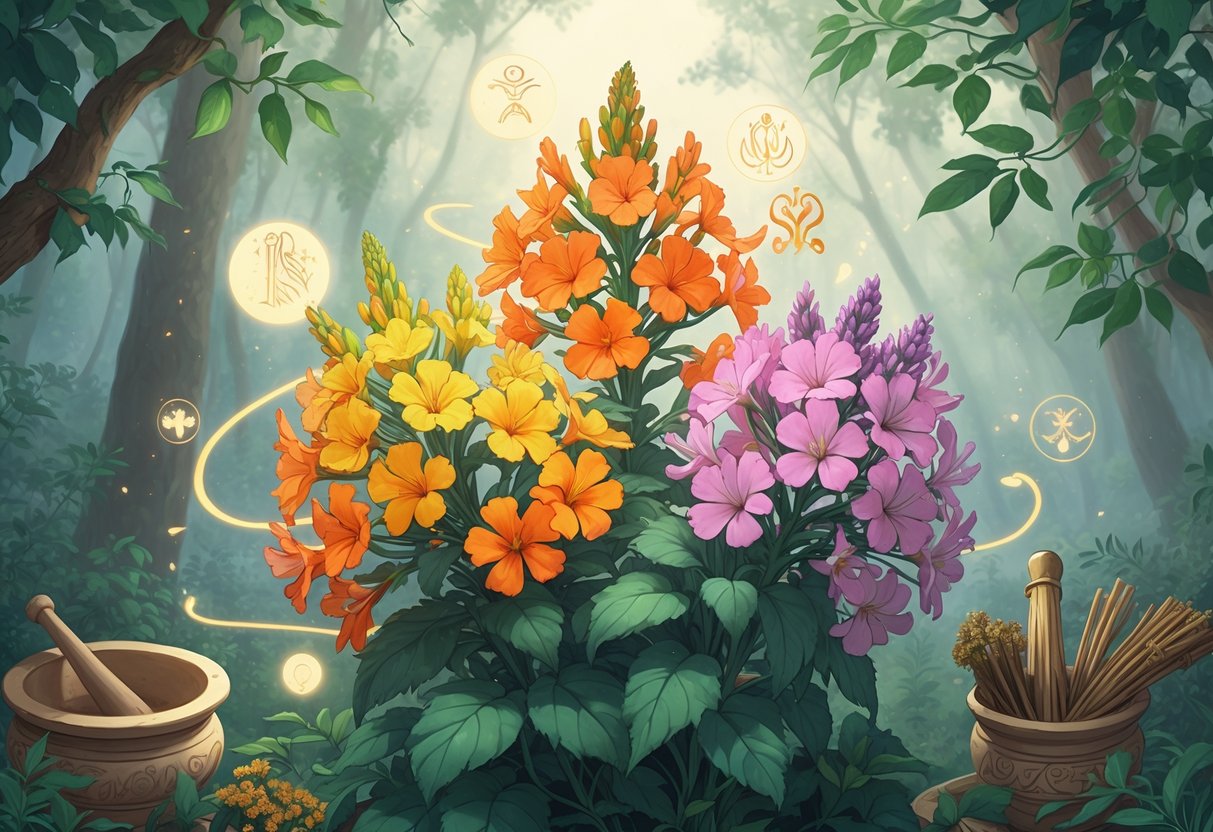A colorful cluster of lantana flowers surrounded by symbols of folklore, mythology, and traditional medicine, set against a softly lit forest background.