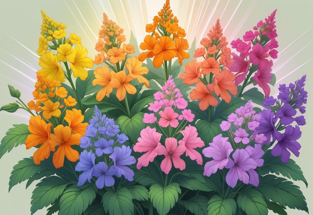 A detailed illustration of colorful lantana flowers in yellow, orange, pink, purple, and red with green leaves and soft glowing light around the flowers.