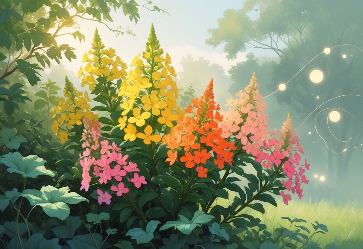 A cluster of colorful lantana flowers surrounded by green leaves and soft sunlight, with subtle glowing lights and a peaceful natural background.