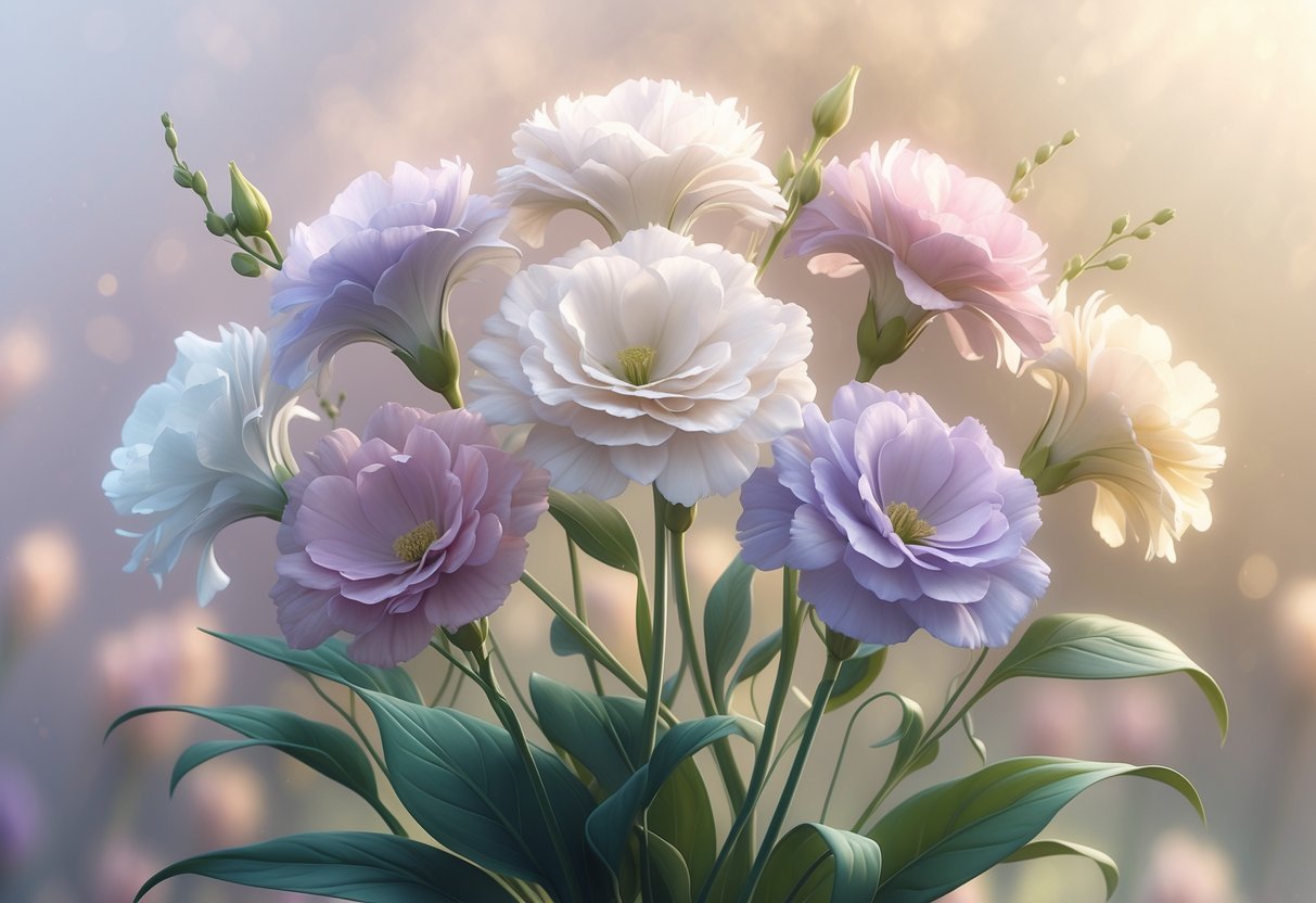 Seven lisianthus flowers in white, lavender, and pale pink with green leaves arranged together against a soft, glowing background.