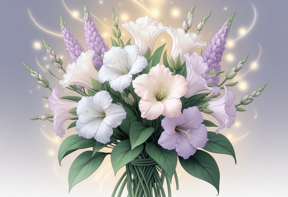 A bouquet of lisianthus flowers with white, pink, and lavender petals surrounded by green leaves and soft glowing light.