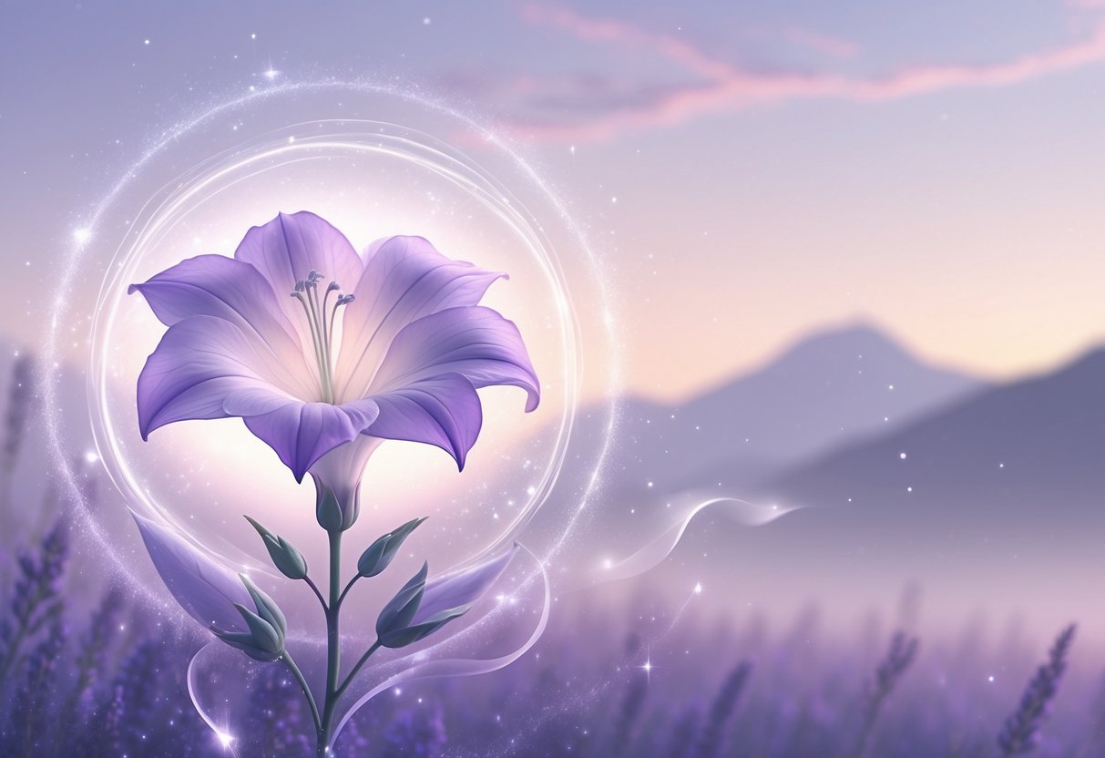 A glowing Lisianthus flower surrounded by soft light and energy waves against a calm dawn landscape with mountains.