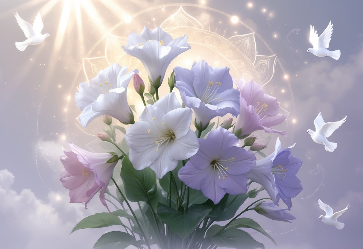 A cluster of lisianthus flowers surrounded by glowing orbs, mandala patterns, and spiritual symbols like lotus petals and doves, creating a peaceful and sacred scene.