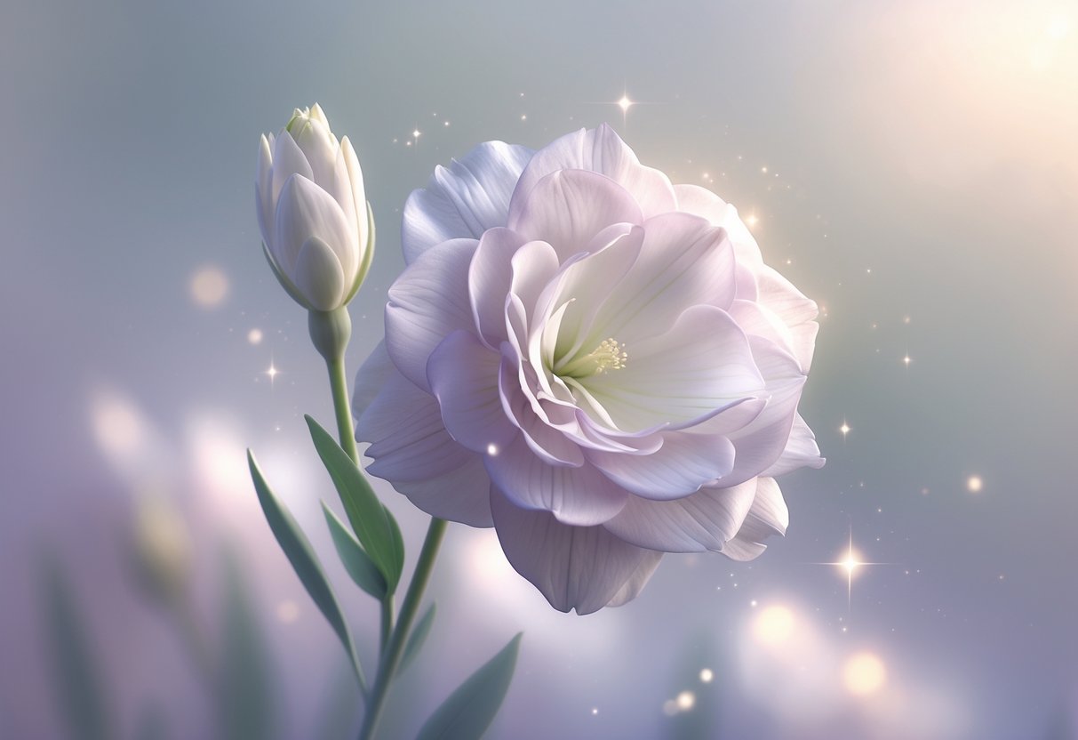 A single lisianthus flower with white and pale lavender petals surrounded by soft light and a calm, pastel background.