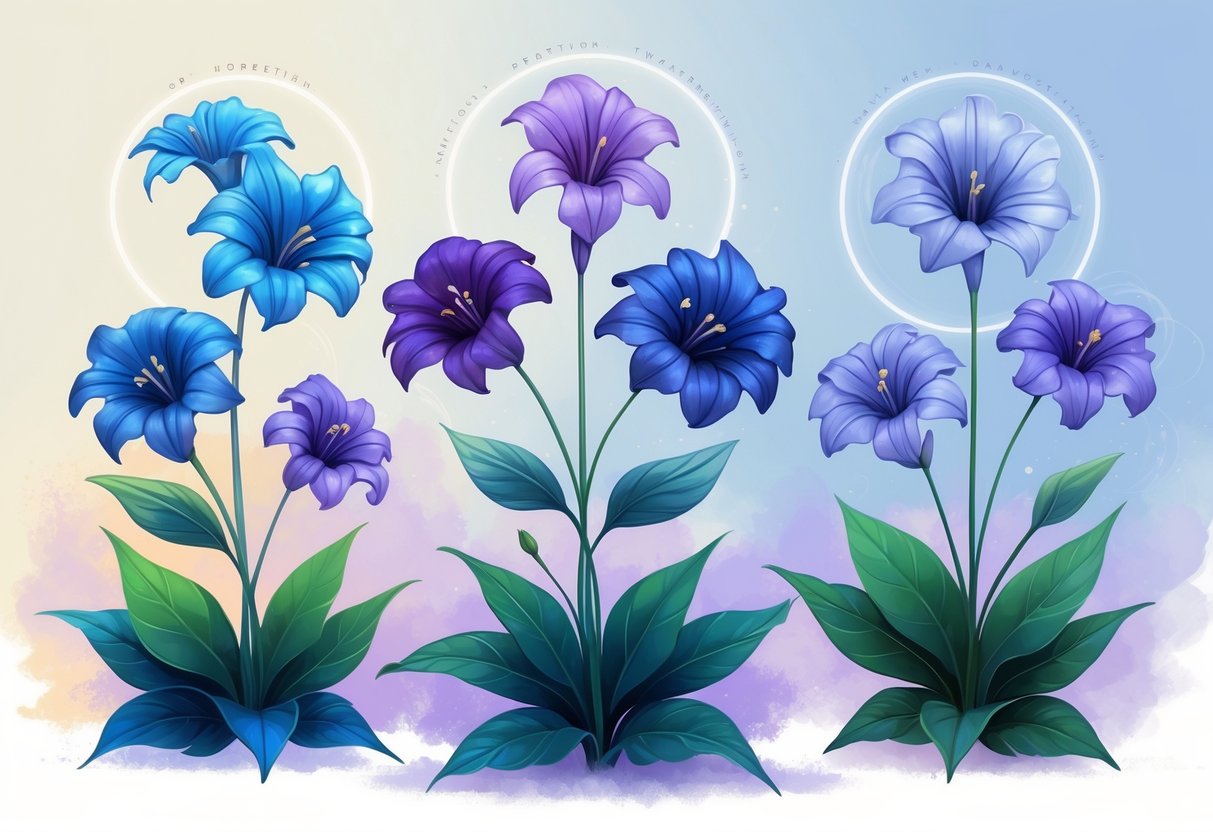 Five Lobelia flowers with green leaves arranged together, each surrounded by soft glowing auras symbolizing different spiritual meanings.