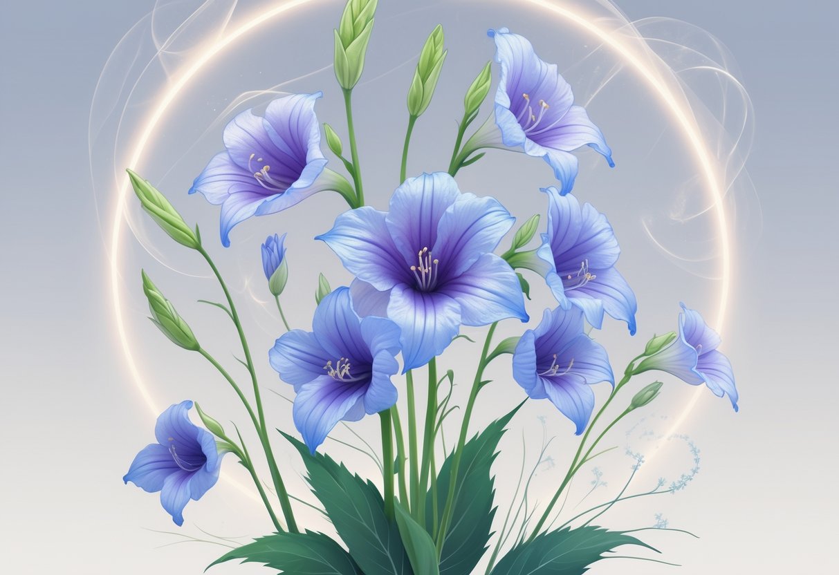 A detailed illustration of Lobelia flowers with blue-purple petals and green stems, shown in various blooming stages with soft glowing light around them.