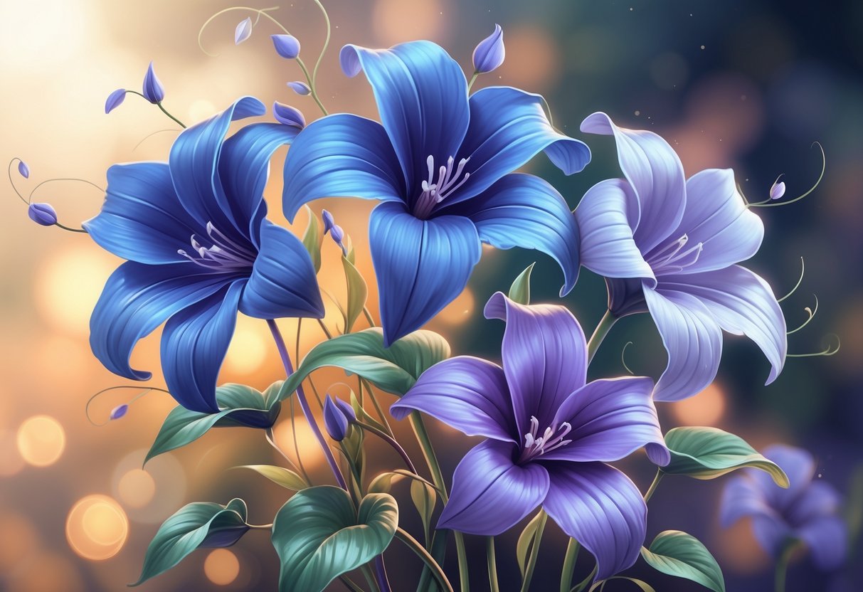 Five vibrant Lobelia flowers with blue and purple petals surrounded by green leaves, set against a softly glowing background.