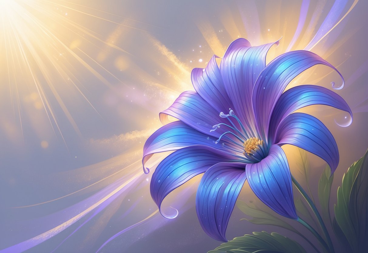 A vibrant Lobelia flower with blue and purple petals glowing softly against a radiant, colorful background symbolizing spiritual growth and enlightenment.