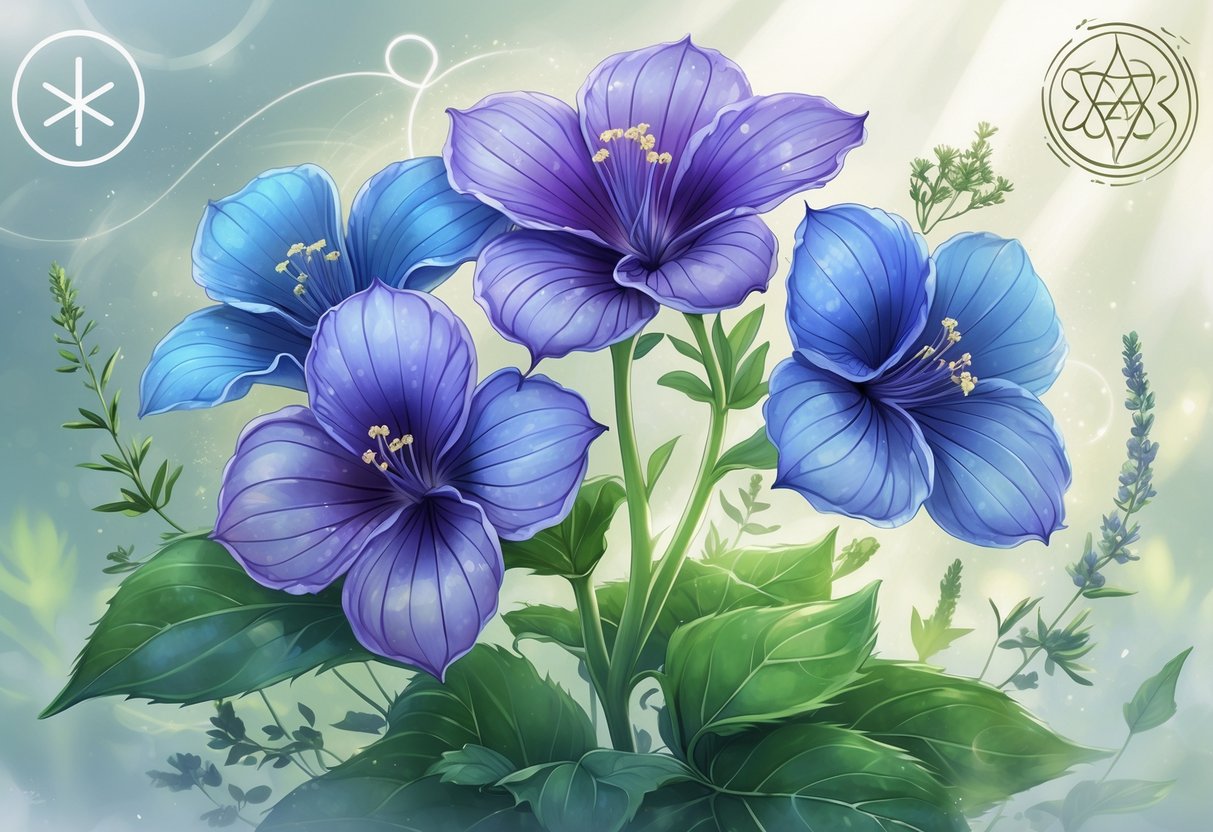 A detailed illustration of five Lobelia flowers with blue and purple petals surrounded by green leaves and medicinal herbs, with soft light and glowing abstract symbols in the background.