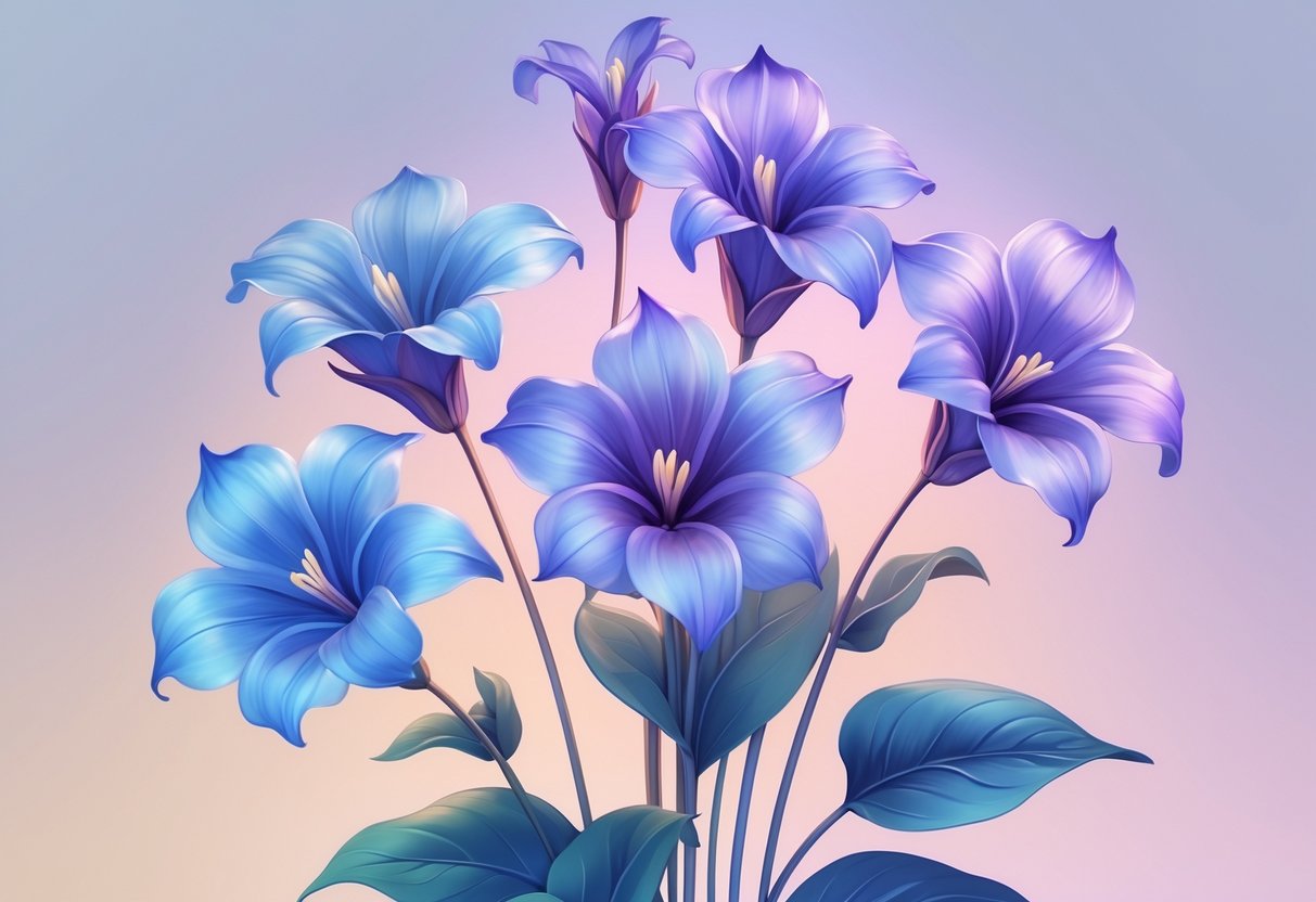 Five vibrant lobelia flowers with blue and purple petals and intertwined stems against a soft pastel background.