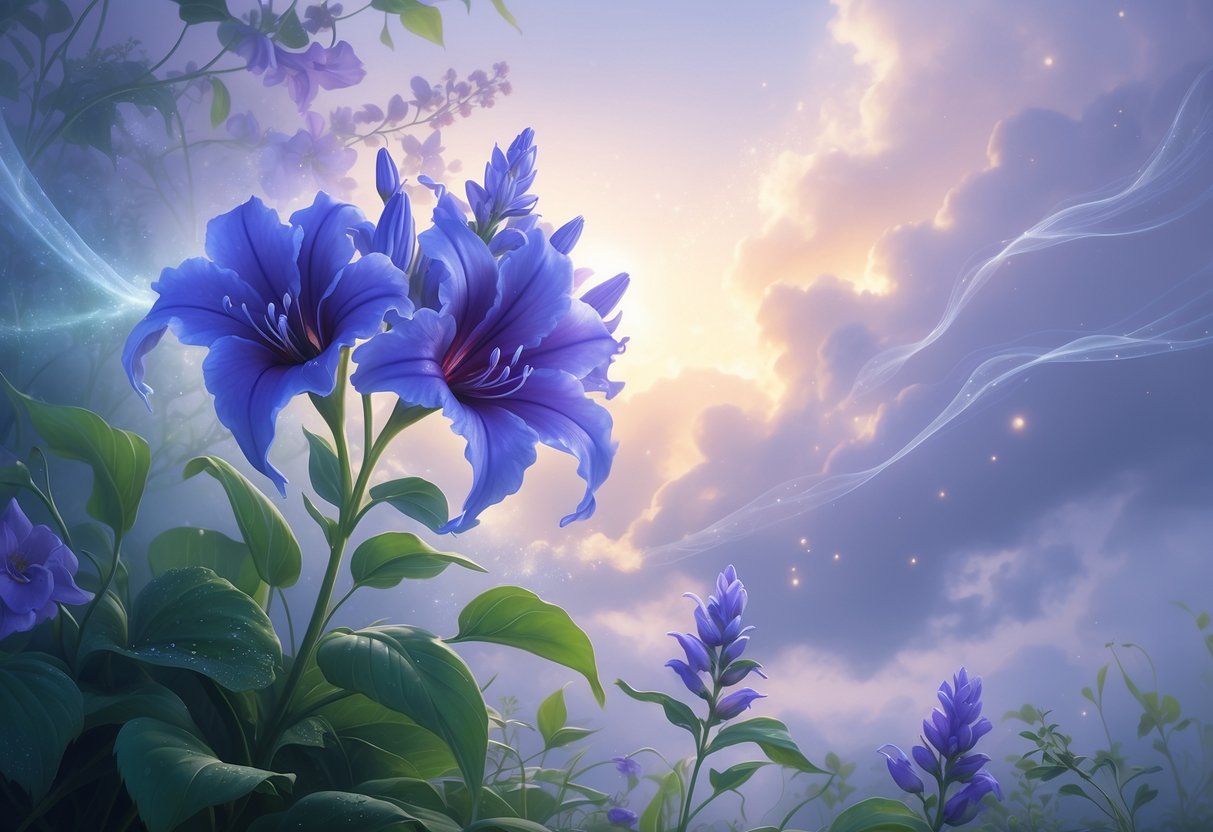 A vibrant Lobelia plant with blue and purple flowers surrounded by soft glowing light and morning sunlight breaking through misty clouds.