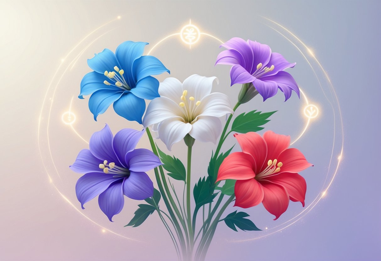 Five colorful lobelia flowers in blue, purple, white, pink, and red arranged together with soft glowing light and subtle spiritual symbols around them.