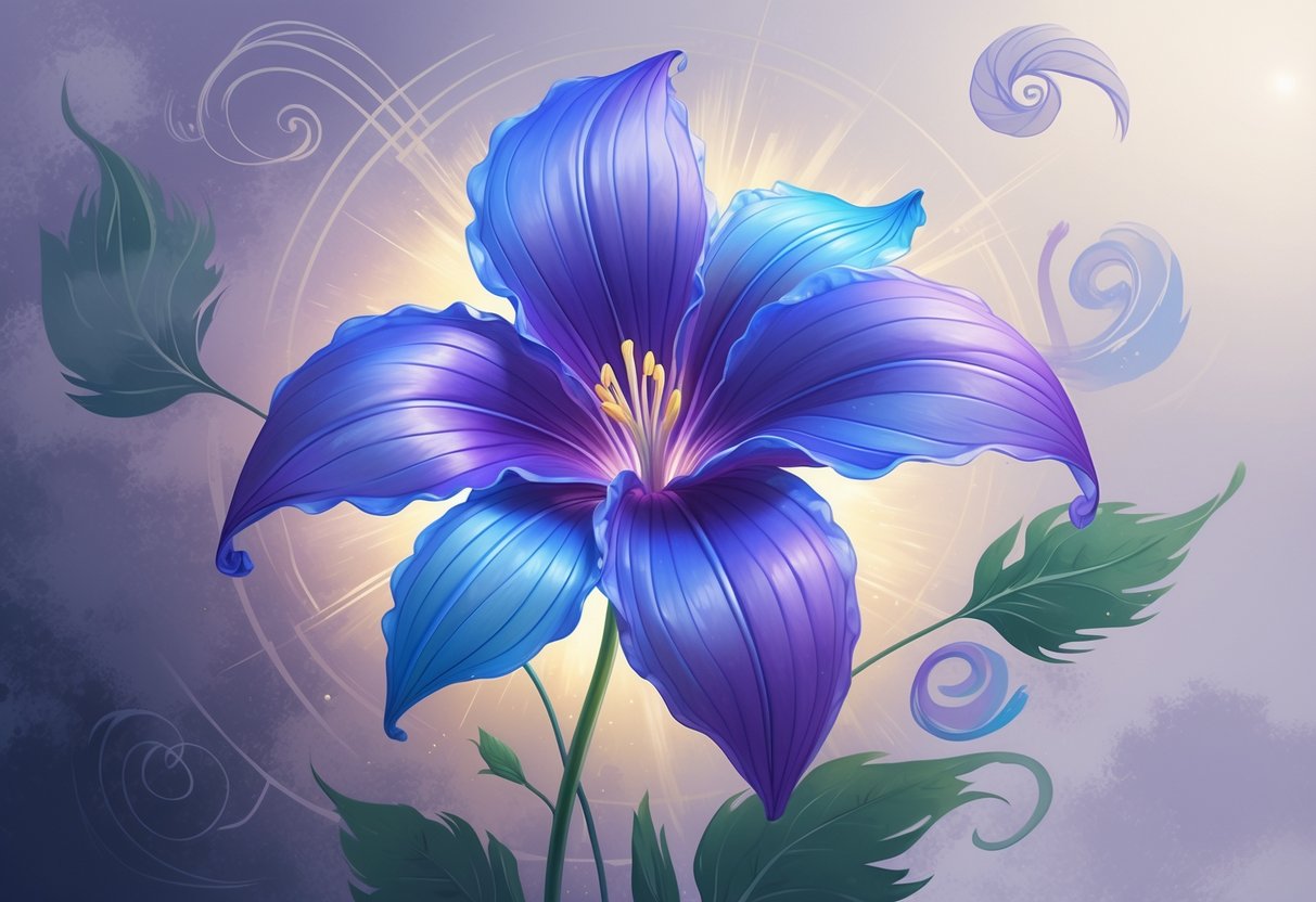 A detailed illustration of a blue and purple lobelia flower surrounded by glowing light and subtle cultural and spiritual symbols.