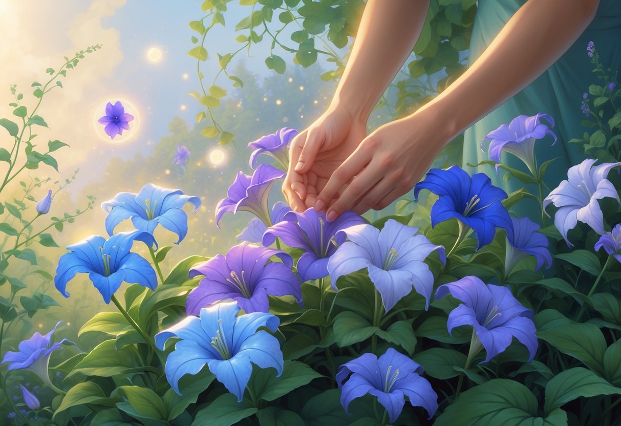 Hands gently caring for blooming blue and purple Lobelia flowers in a peaceful garden with soft glowing light and floating light orbs.