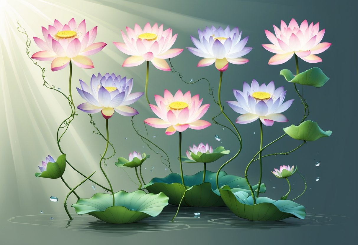 Eight lotus flowers connected by intertwining vines, each flower in a different stage of bloom, set against a calm background.