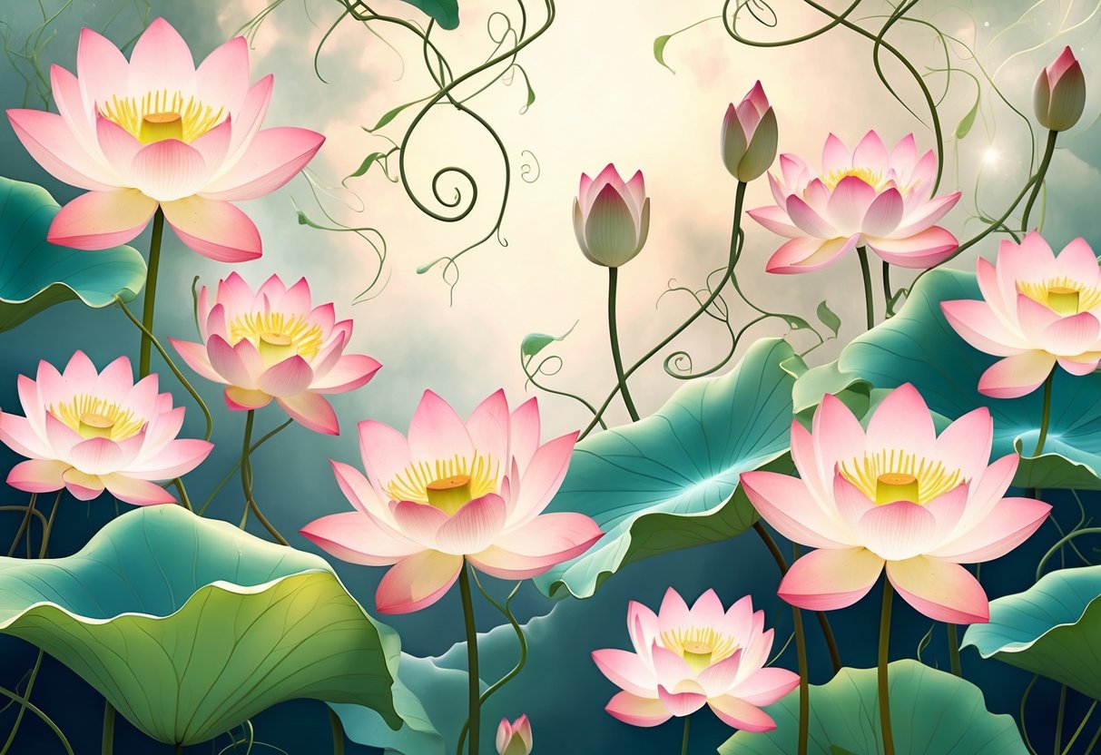 Eight lotus flowers at different stages of bloom intertwined with delicate vines against a softly glowing background symbolizing resilience and spiritual growth.