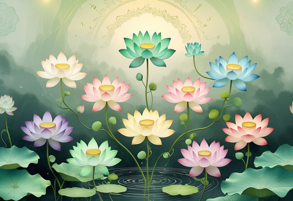 Eight lotus vine flowers arranged in a circle with intertwining vines, symbolizing spiritual meanings from various world religions and cultures.