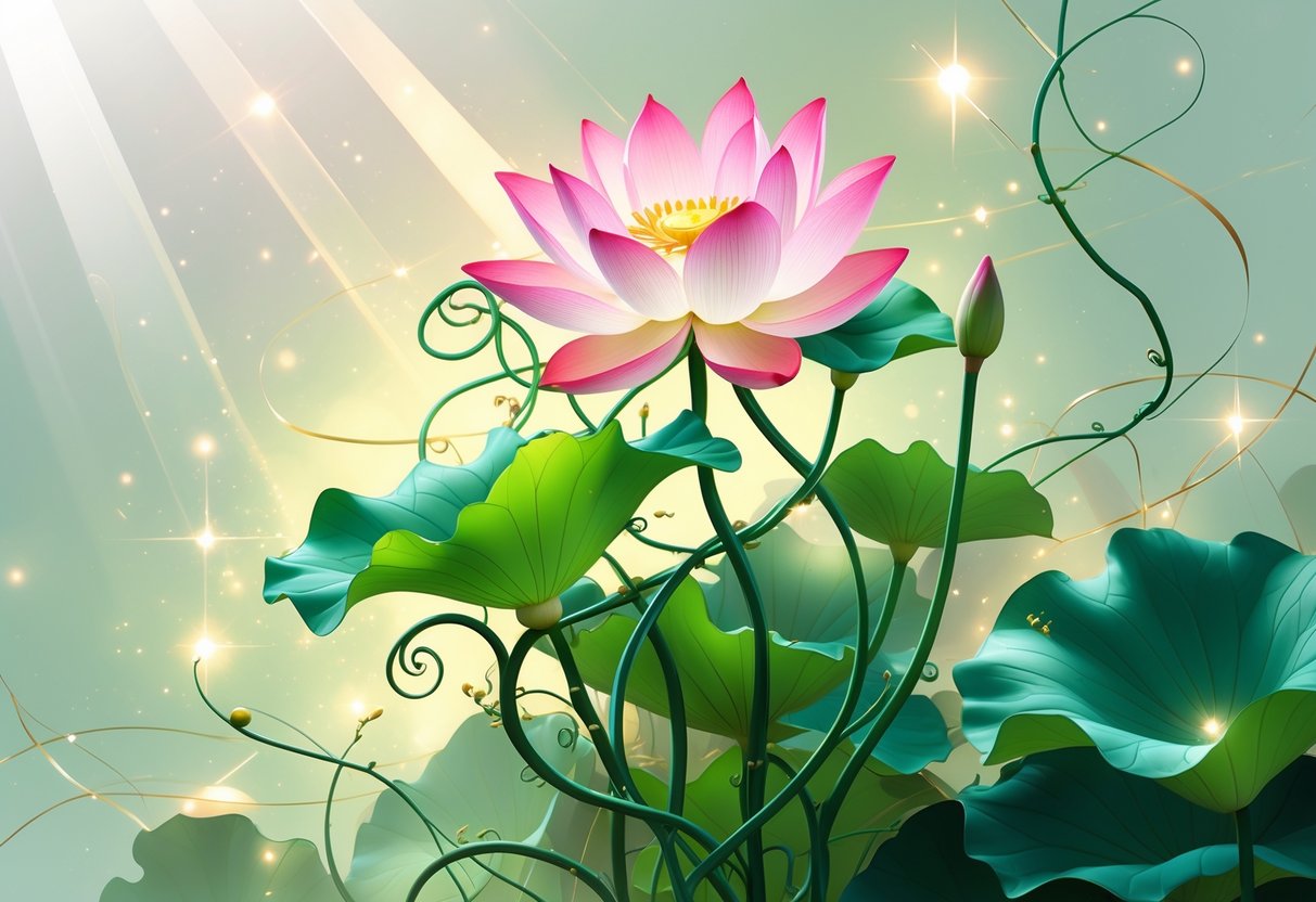 A blooming lotus vine flower with green leaves and curling vines surrounded by soft glowing light and subtle sparkles.