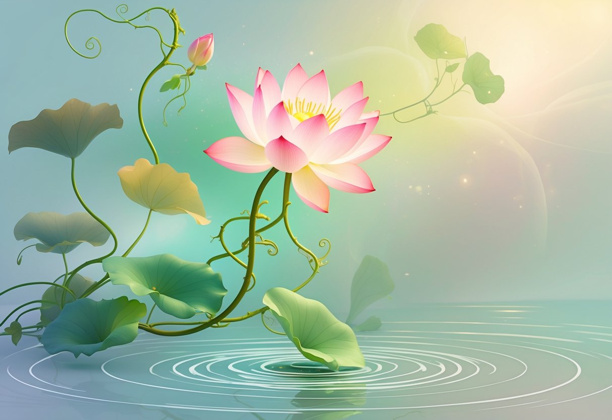 A blooming lotus flower on a twisting green vine with leaves, surrounded by soft glowing light and gentle water ripples symbolizing new beginnings and life transitions.