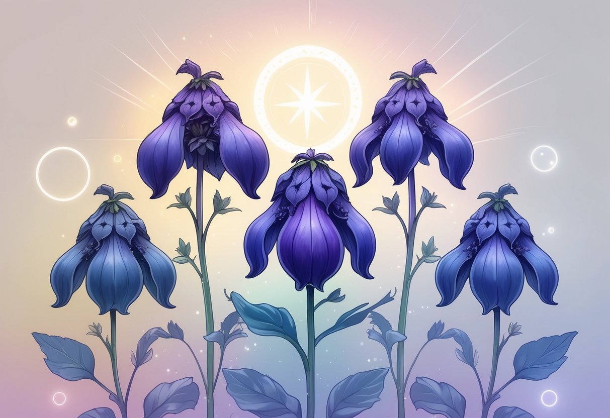 Six monkshood flowers with deep blue-purple petals arranged together, surrounded by soft glowing lights and spiritual symbols on a gentle pastel background.